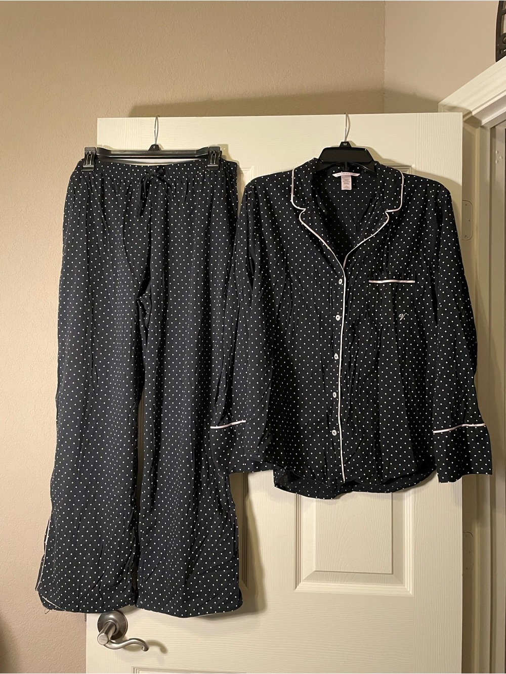 Victoria's Secret Black Polka Dot Pajama Lounge Set Long Sleeve Collared